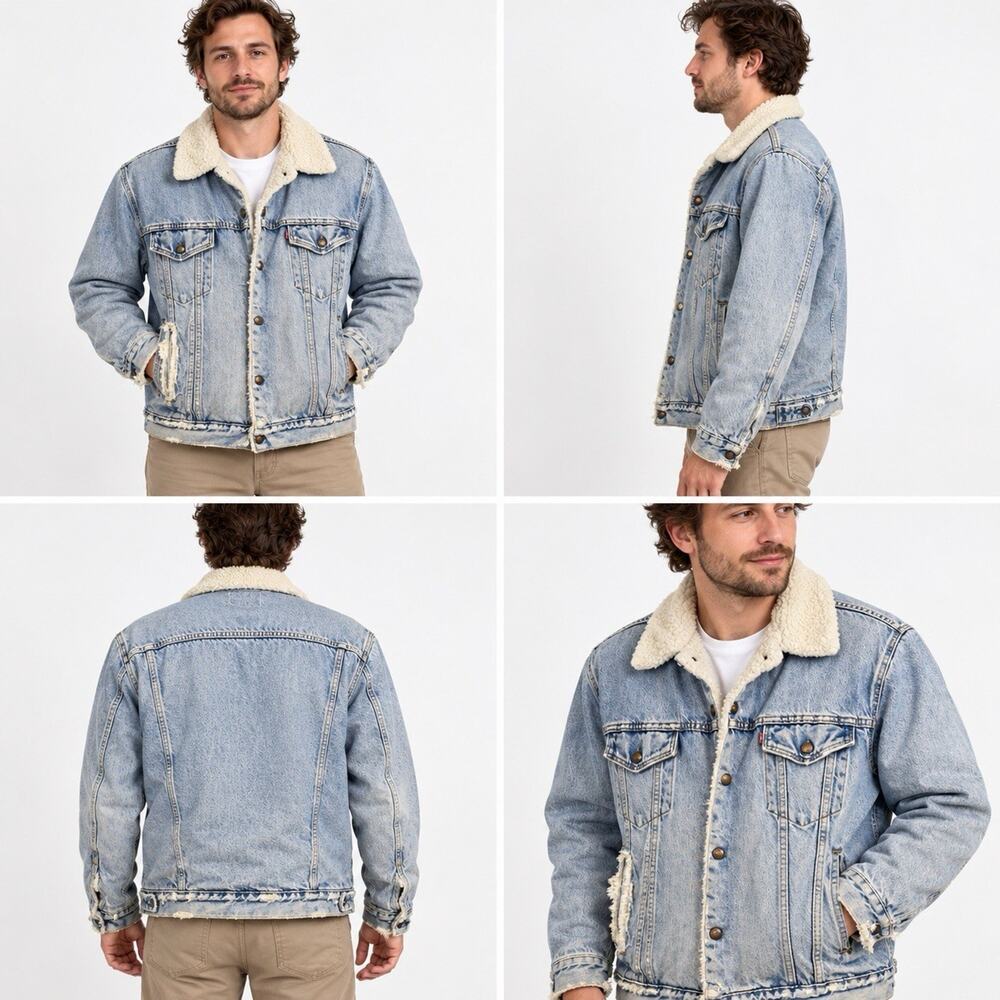 Levis Sherpa Lined Denim Trucker Jacket Mens Large Light Wash Distressed